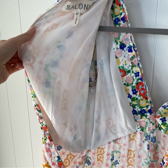 Saloni Lea Smocked Floral Print Crepe Mini Dress Sz. 2 White Orange Pink V Neck - Picture 16 of 16